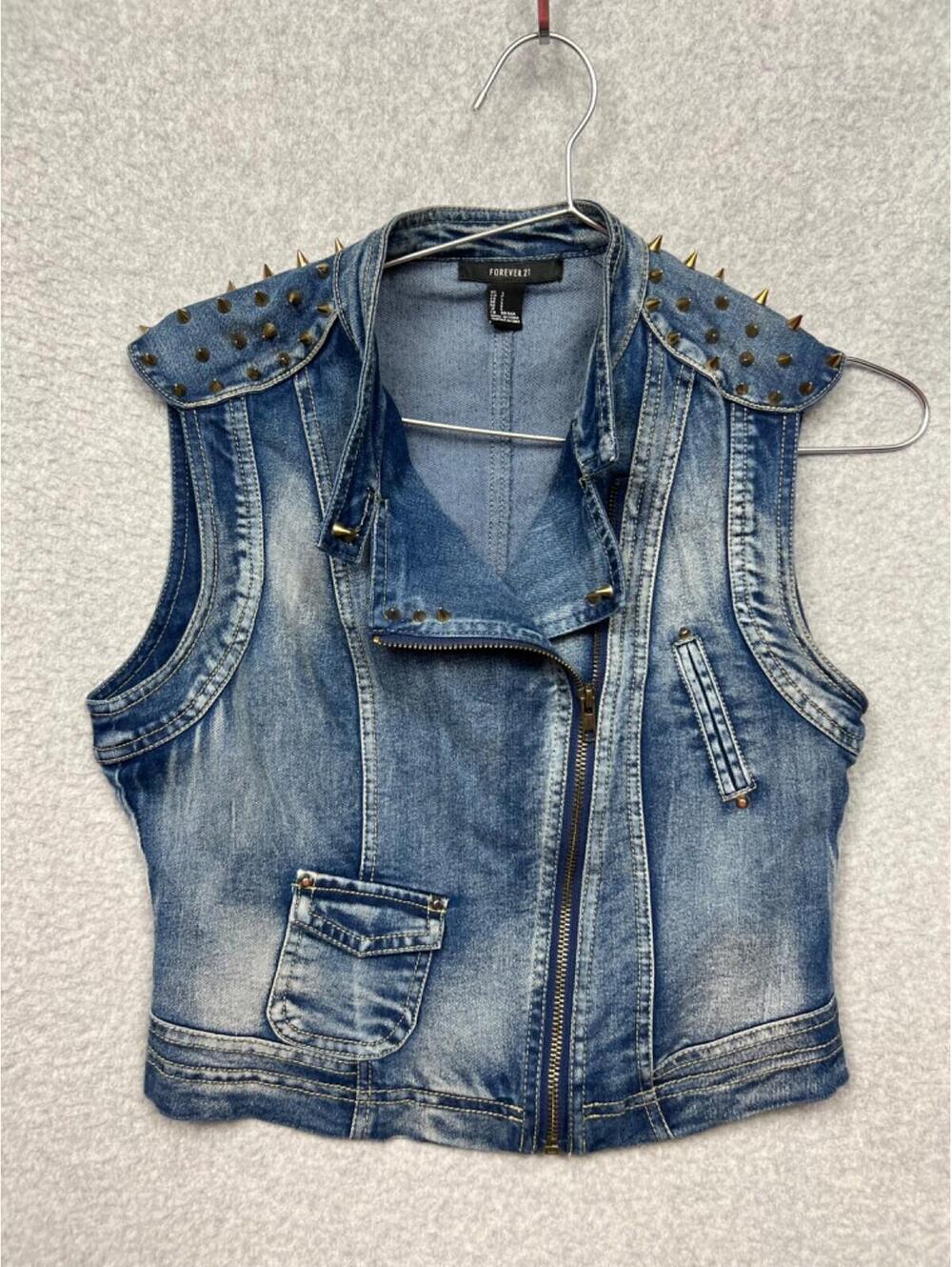 y2k 90s Forever 21 Metal Spike Studded Denim Vest Womens Size S Sleeveless Puck